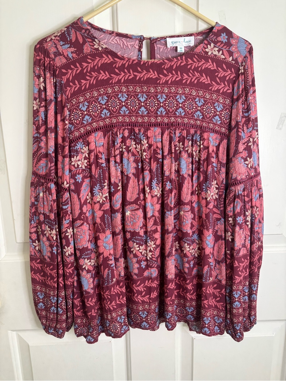 Grace & Lace 100% Rayon Long Sleeved Boho Peasant Top